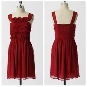 ❌Anthropologie Burlapp Red Silk Cocktail Dress Ruched Roses Small Formal